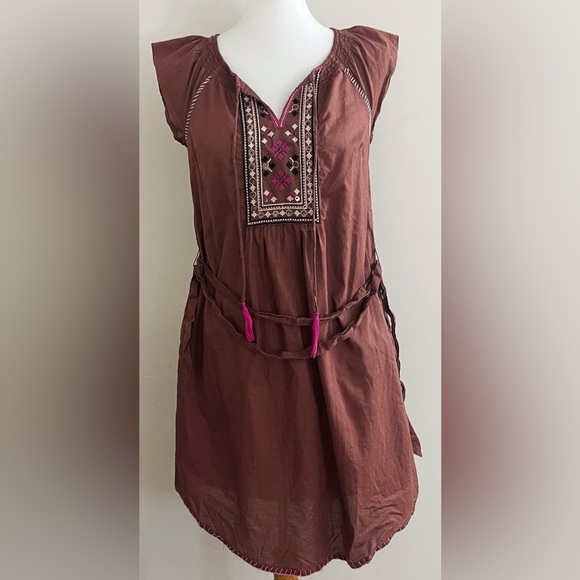 Maeve Anthropologie Brown and Pink Embellished Western Boho Style Dress Casual - Picture 2 of 9